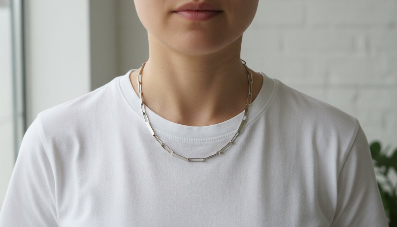 A solid flat link chain necklace worn with a casual white t-shirt