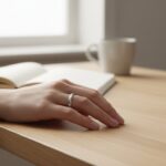 A hand wearing a plain silver-colored ring at a wooden desk