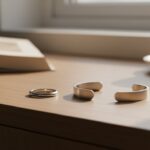 A silver-colored ring and two open cuffs arranged on a wooden table