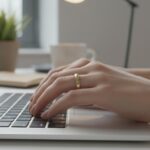 A hand with a flush geometric ring typing on a laptop keyboard
