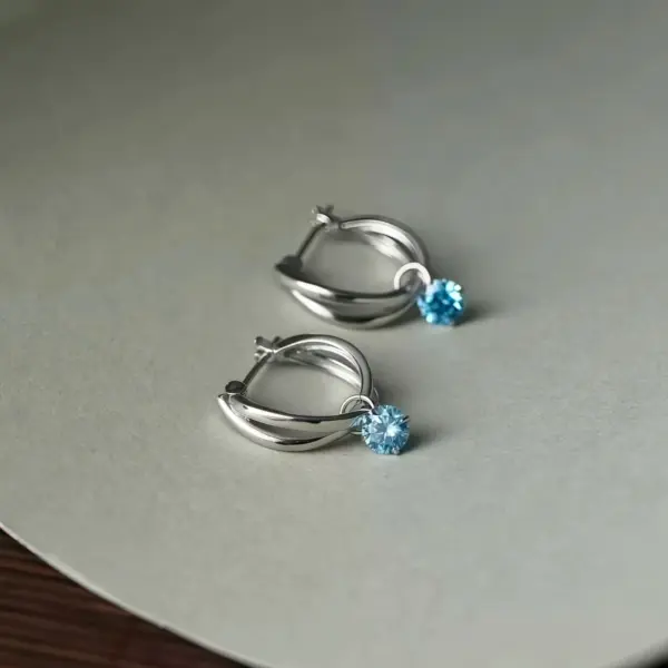 Blue Zircon Small Hoop Earrings in Sterling Silver Blue Zircon Small Hoop Earrings in Sterling Silver - 3